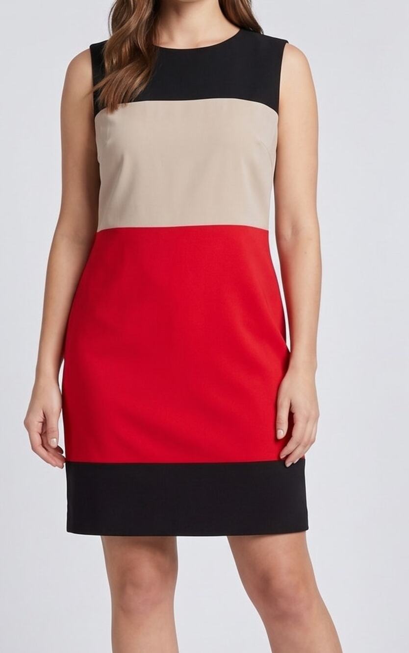 Alyx Limited Womens Size 18 Sleeveless Sheath Dress Black Tan Red Colorblock